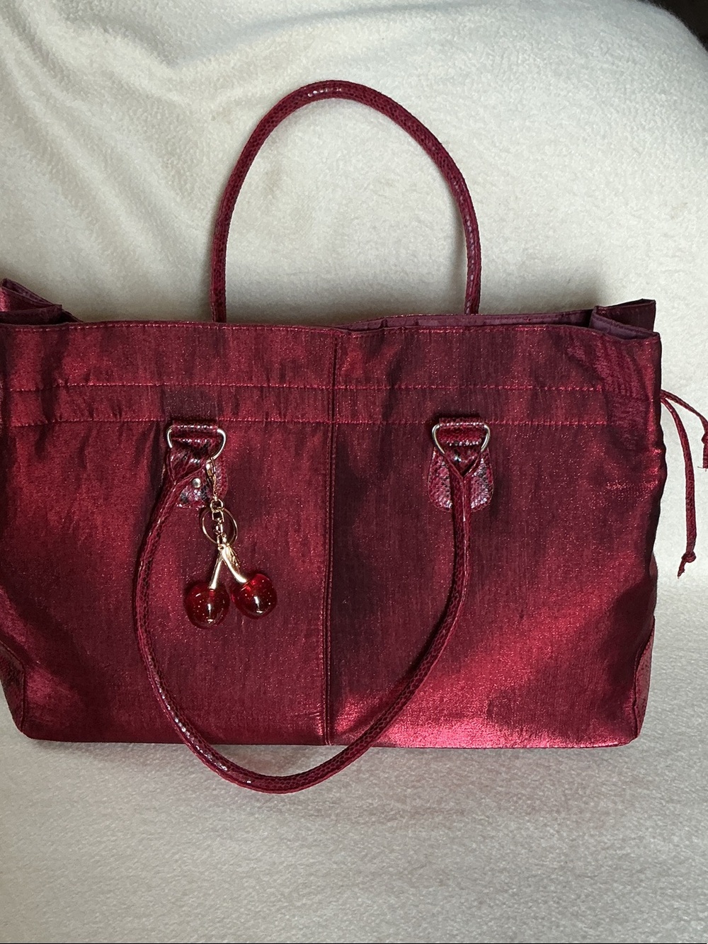 Sleek Wine Red Tote with Playful Cherry Charm